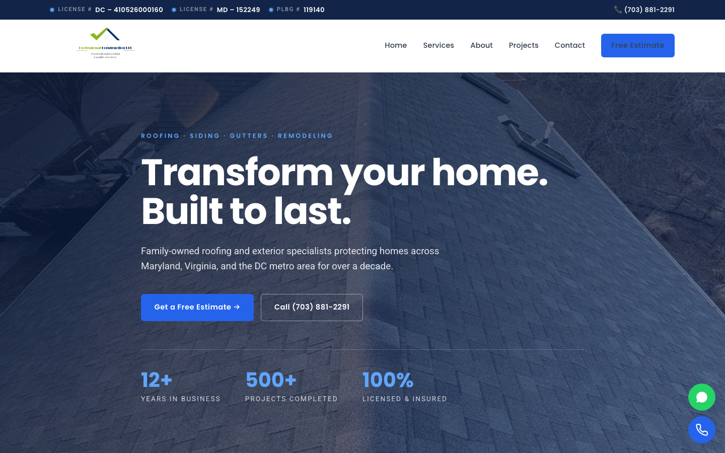 Hero of the Professional Construction LLC site